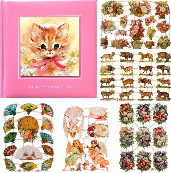 Poëziealbum - 16x16 - Roze - met 5 vellen Poëzieplaatjes - Versjes - Gedicht - Cadeau - Sint - Geschenk - Knutselen - Hobby - Creatief - Scrapbook - Poezie