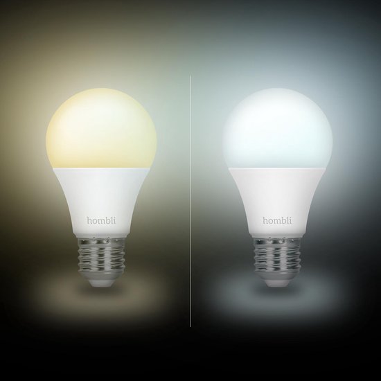 Twee Hombli slimme lampen naast elkaar: links warm wit licht, rechts koel wit licht.