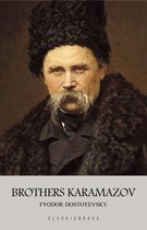 Portrait de Fiodor Dostoïevski portant un bonnet de fourrure noir et un manteau sombre. Texte: BROTHERS KARAMAZOV FYODOR DOSTOEVSKY CLASSIC BOOKS.