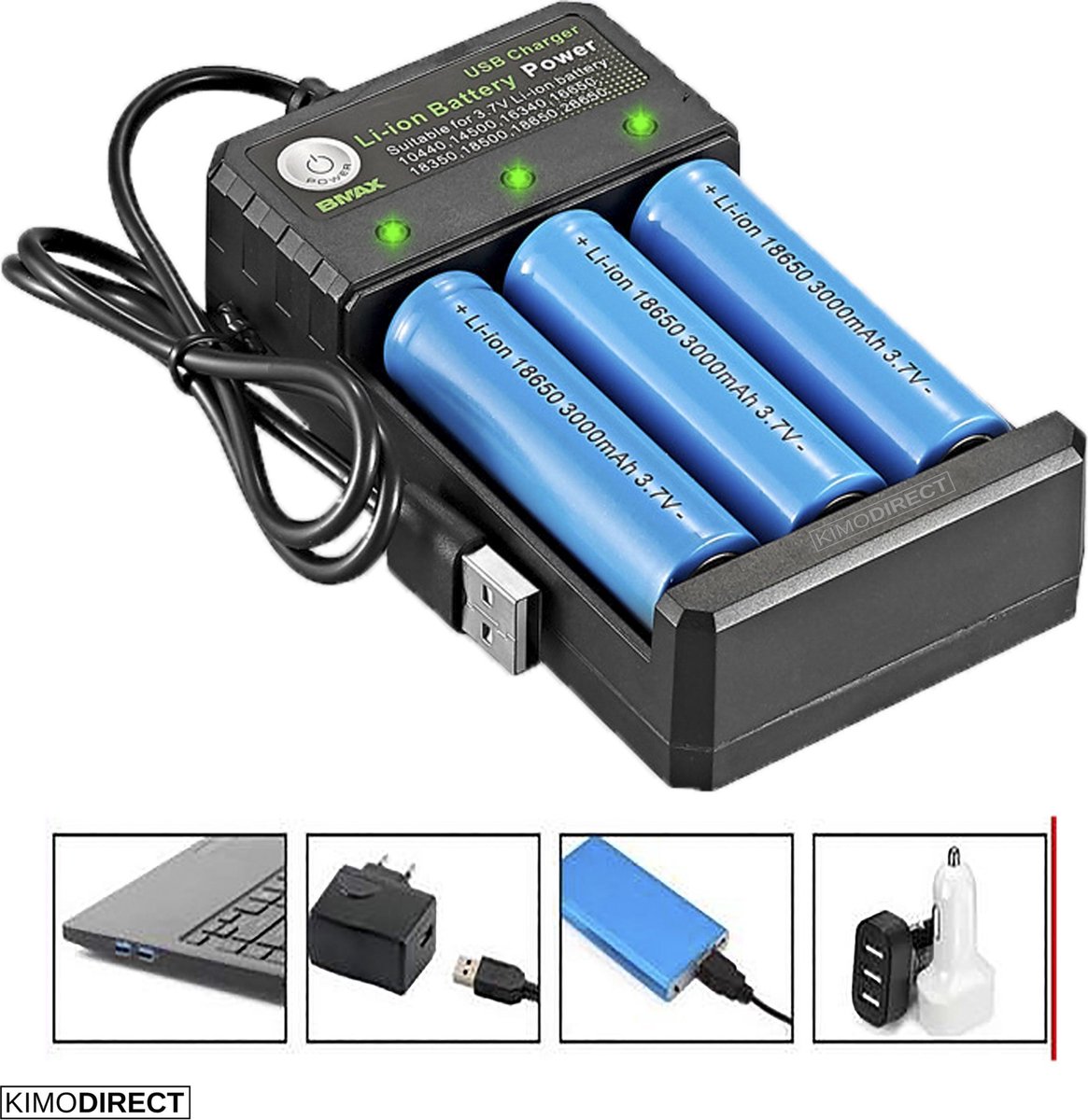 KIMO DIRECT Batterijoplader batterij lader - Universeel Power Charger- 3  slots Lithium... | bol.com