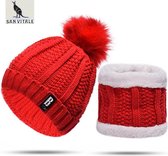 San Vitale® Muts met Col / Sjaal - Beanie Muts Gebreide Baggy Warme Muts Bonnet Wintermuts Gevoerd Wol Trendy Muts met Col - Rood