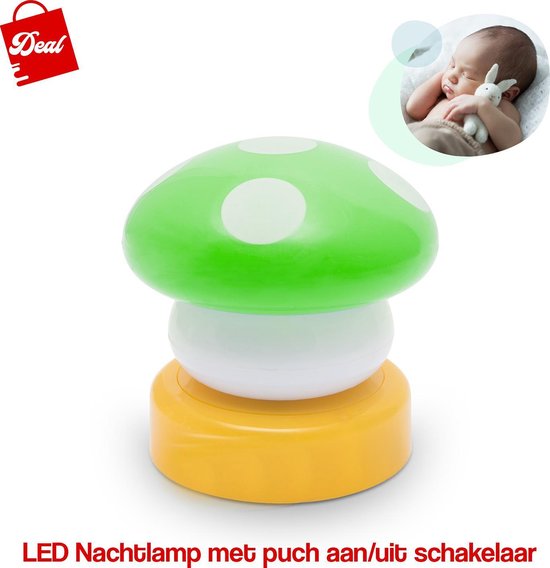 Deal LED Nachtlamp Met Push Aan & Uit Schakelaar - Groen Paddenstoeltje