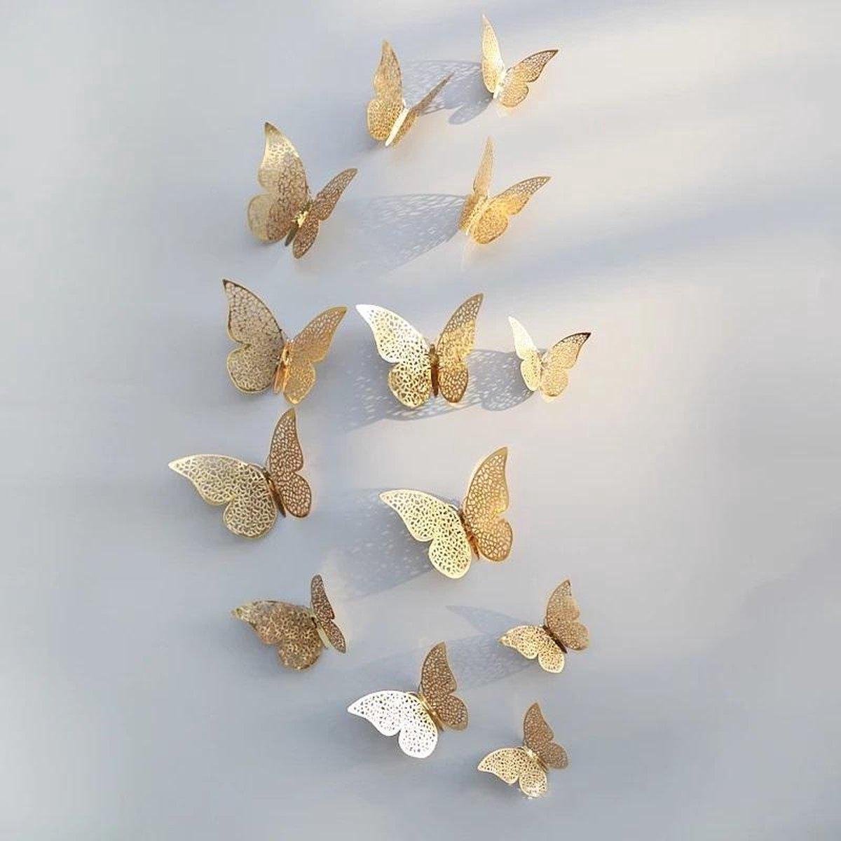 3D Vlinder Stickers inc ophangsysteem - Muurdecoratie - Driedimensionaal - Goud - TP 1 - Set van 12 Stuks