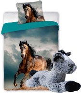 Paarden dekbedovertrek set 140 x 200 cm, incl. super zachte paarden knuffel - 32 cm - Grijs/zwart - kinderen slaapkamer - eenpersoons dekbed