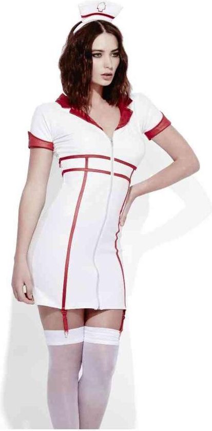 Smiffy's - Verpleegster & Masseuse Kostuum - Erotische Wetlook Verpleegster - Vrouw - Wit / Beige - Medium - Carnavalskleding - Verkleedkleding