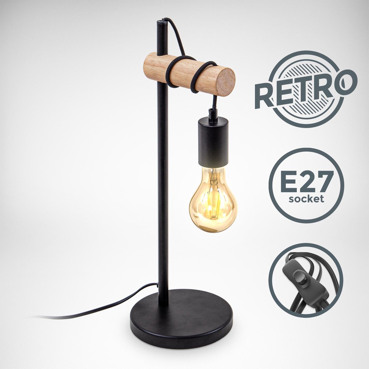 B.K.Licht Tafellamp zwart retro industrieel hout