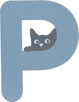 Houten Letter P Blauw met Kat | 9 cm