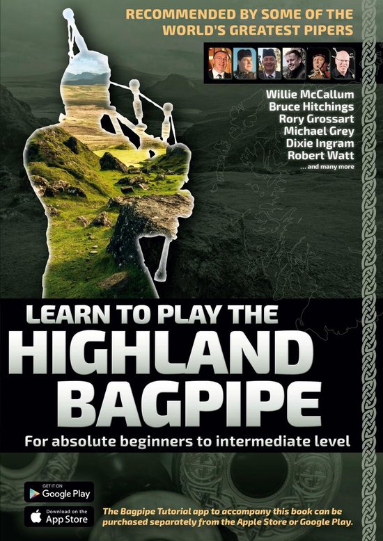 Boek 'Learn to Play the Highland Bagpipe', aanbevolen door de beste doedelzakspelers, met afbeelding van een doedelzakspeler tegen een Schots landschap.