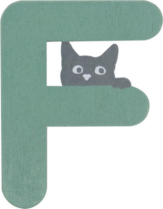 Houten Letter F Groen met Kat | 9 cm