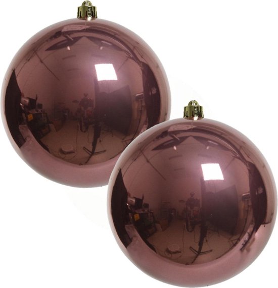 2x Grote oud roze kunststof kerstballen van 20 cm glans oud roze