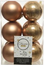 12x Camel bruine kunststof kerstballen 6 cm - Mat/glans - Onbreekbare plastic kerstballen - Kerstboomversiering camel bruin