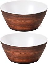 2x Melamine serveerschaaltjes bruine houtprint/wit 15 cm - Kommetjes/schaaltjes - Yoghurtbakjes - Pap schaaltje