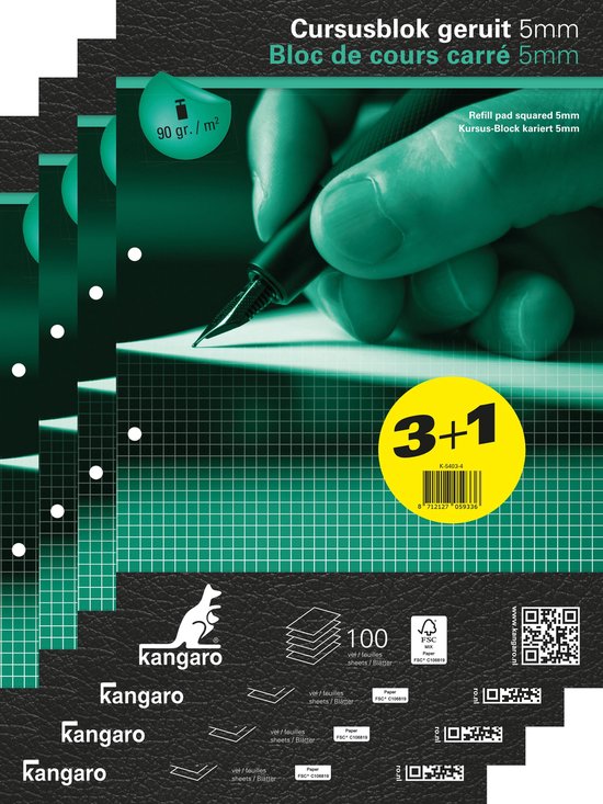 Kangaro cursusblok - A4 - ruit - 5x5mm - 90 grams - 2-gaats - K-5403-4