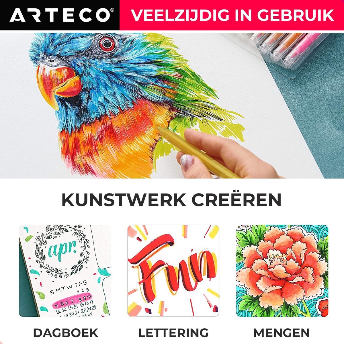 ARTECO® 48 Brush Pennen - Inclusief Aquarel Papier en Sjablonen - Dual Tip Penseelstift - Fineliners en Brushlettering Brush Stiften - Twinmarkers - Cadeau — afbeelding 5