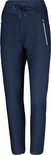 Close-up van een effen marineblauwe trainingsbroek met trekkoord en witte ritsdetails.