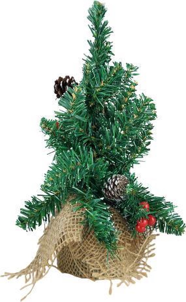 Mini kerstboom met rieten mandje - Groen - Kunststof - h 43 cm