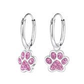 Joy|S - Zilveren kat hond dierenpoot bedel oorringen roze kristal