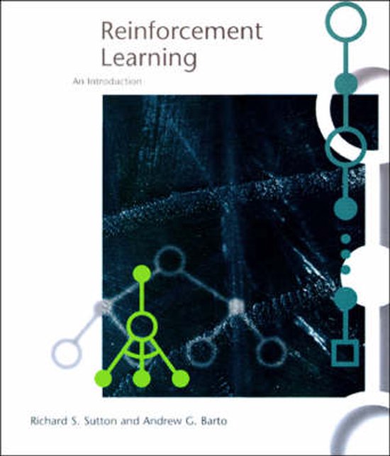 Boekcover van Reinforcement Learning: An Introduction met abstracte, donkere graphics en tekst.