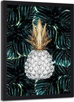 Foto in frame , Witte ananas op tropisch groen , 70x100cm , wit groen geel , wanddecoratie