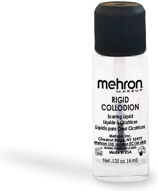 Een klein flesje met Mehron Rigid Collodion Scarring Liquid.
