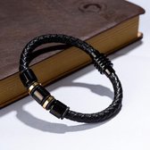 Litts® Armband Mannen Heren Sieraden Leer en Roestvrij Staal Bracelet - Cadeautjes Armbandje Cadeau - Zwart/Goud 22cm