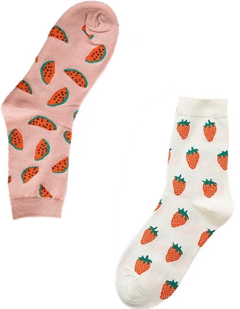Sokken Dames 39 42 | 2 paar | happy food sock box | Aardbei sokken en Watermeloen sokken | Giftbox