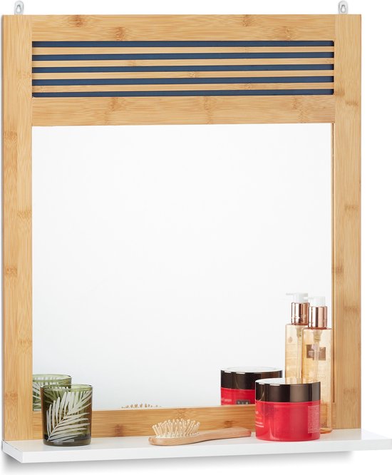 relaxdays badkamerspiegel met planchet - bamboe spiegel - wandspiegel hout  - met plankje | bol.com