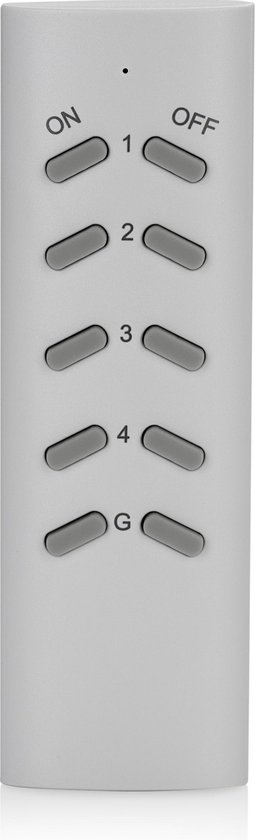 Witte afstandsbediening met grijze knoppen: aan, uit, 1, 2, 3, 4 en G.