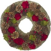 KERSTKRANS | KERSTDECORATIE |  ROOD-GROEN | ROND HOUT | 33CM BREED