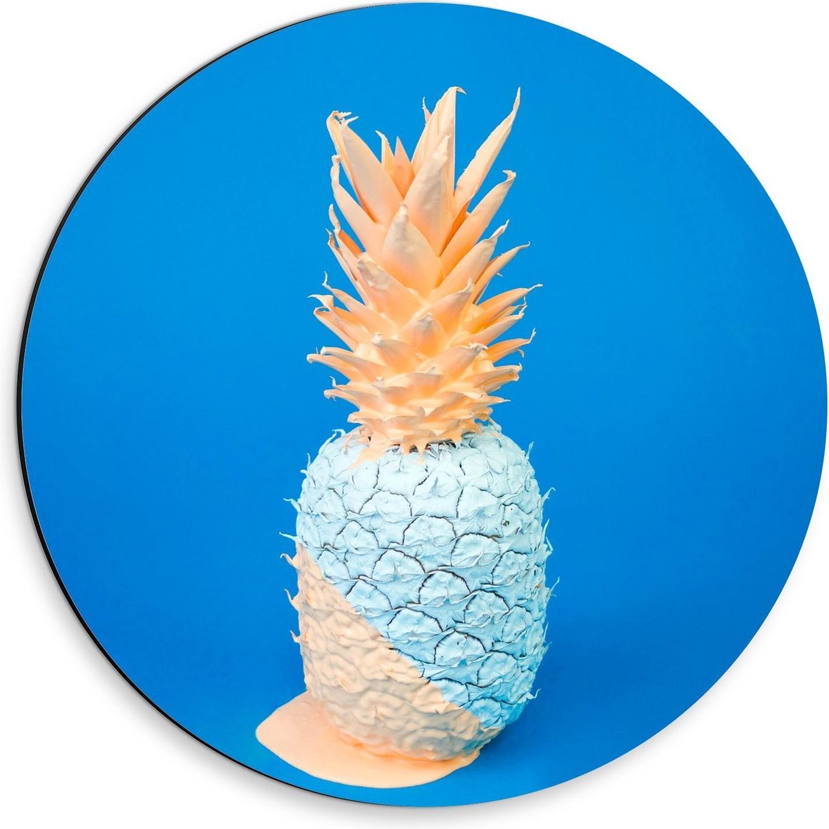 Dibond Wandcirkel - Blauw/Roze Ananas - 30x30cm Foto op Aluminium Wandcirkel (met ophangsysteem)