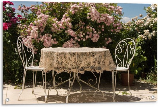 Tuinposter – Romantisch Plekje met Roze Bloemen - 90x60cm Foto op Tuinposter  (wanddecoratie voor buiten en binnen)