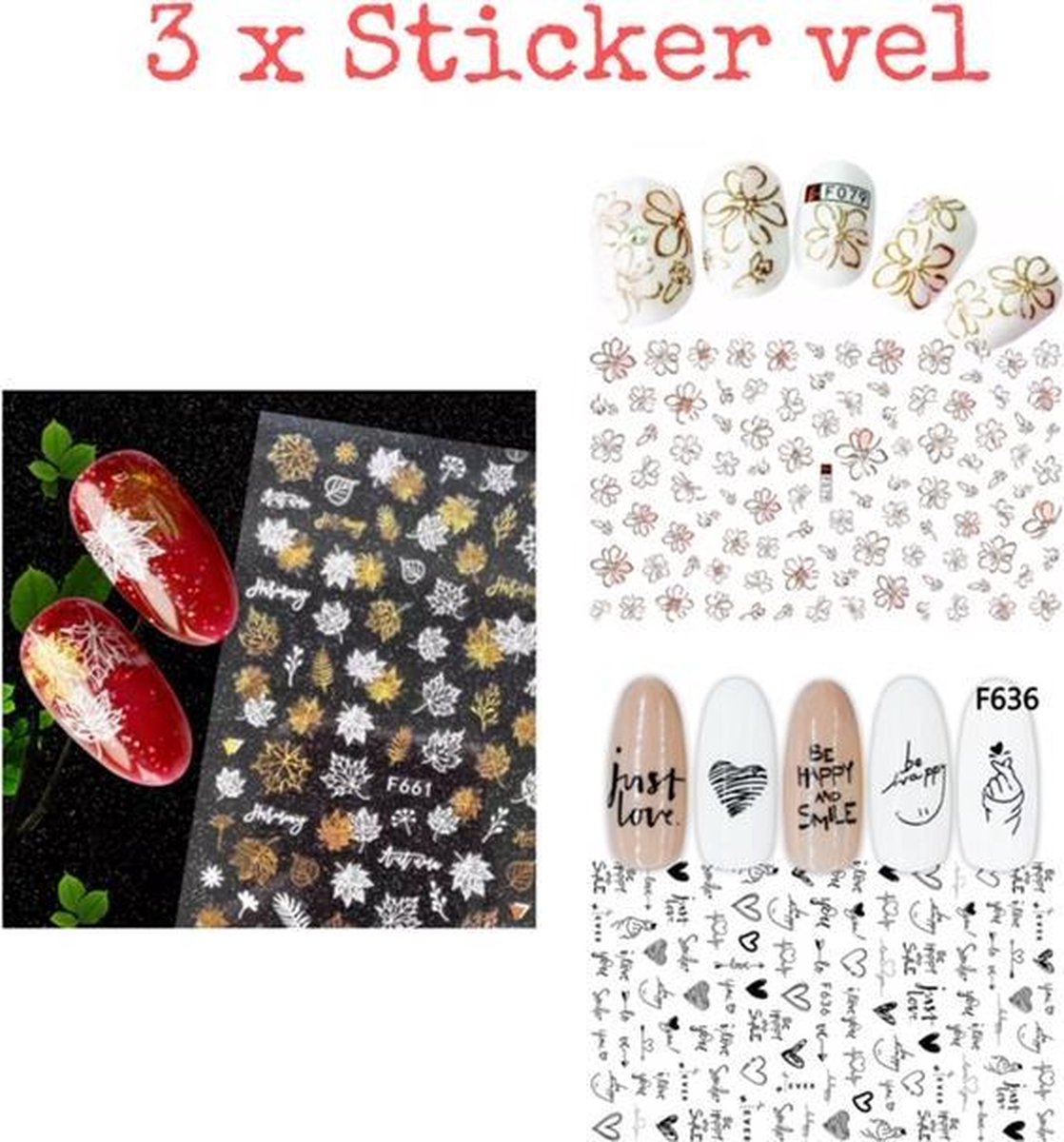 Goedkoopste Nagel Stickers Set 3 x sticker vellen Nail Art - 3D stickers | Herfst Stickers | Bloem Stickers - 276 stickers