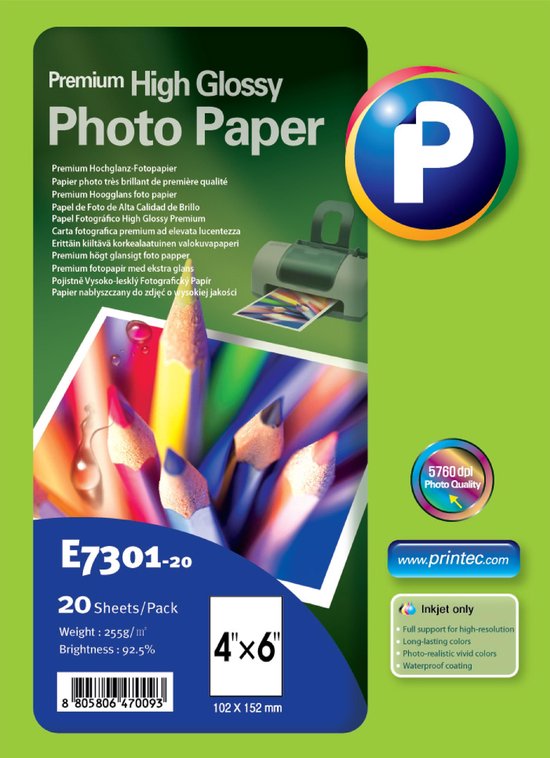 Printec Fotopapier - Premium High Glossy - 20 vellen - 10x15cm - 255 gram per m²