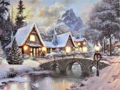 Schilderij met led verlichting - Canvas op houten frame - Huizen bij brug - 6 x LED - 40 x 30 cm - Kerst
