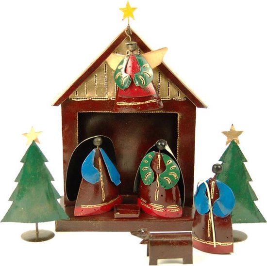 Kerstgroep 9 figuren metaal in huisje rood/goud H 30 cm - Bali-SA Indonesie