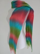 Handgemaakte, gevilte sjaal van 100% merinowol - Blauw / Groen / Roze - 206 x 19 cm. Stijl open gevilt.