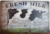 Fresh Milk Koe Reclamebord van metaal METALEN-WANDBORD - MUURPLAAT - VINTAGE - RETRO - HORECA- BORD-WANDDECORATIE -TEKSTBORD - DECORATIEBORD - RECLAMEPLAAT - WANDPLAAT - NOSTALGIE