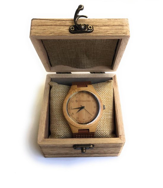 Hipperboo – Horloge – Bamboe Horloge – Unisex – Heren en Vrouwen – Polshorloge – Lichtbruin Eco-Leer