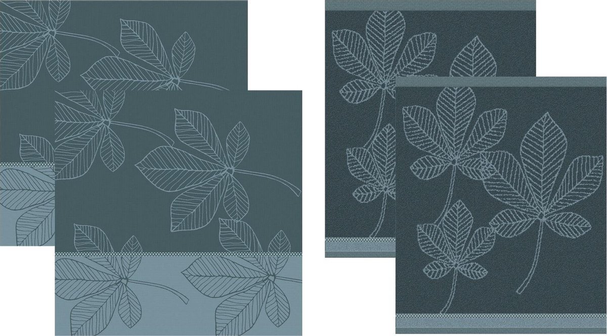 DDDDD - Leaves Theedoeken en Keukendoeken Set - Set van 4 - Katoen - Botanische print - 60x 65 cm/50x55 cm - Blauw - DDDDD