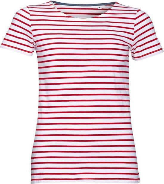 SOLS Ladies / Ladies Miles T-Shirt rayé à manches courtes (Wit/ rouge)