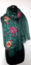 Dames sjaal - katoen - linnen - groen - borduurwerk - geborduurd - bloemen - 90 x 165 cm