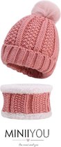 MINIIYOU - Set muts colsjaal Fleece Baby (3-12 maanden) Roze | Beanie pompom - meisjes jongens sjaal