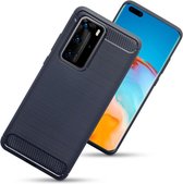 Huawei P40 Pro hoesje - Gel case geborsteld metaal en carbonlook - Navy blauw - GSM Hoesje - Telefoonhoesje Geschikt Voor: Huawei P40 Pro