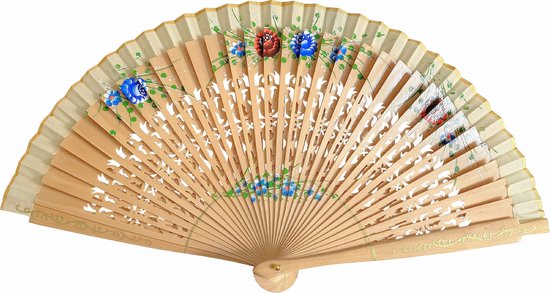 Eventail de flamenco espagnol de luxe - bois marron clair - avec robe