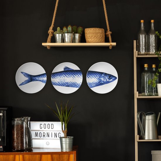 Wandbord Vis - Drieluik - Delfts blauw - 26 cm - Heinen Delfts Blauw.