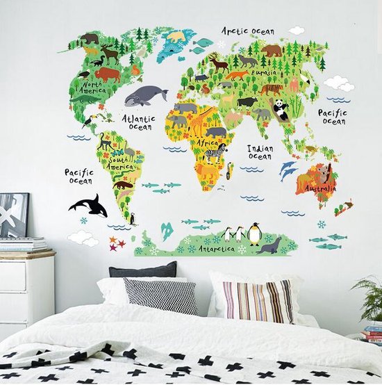 Sticker Muursticker Chambre d'enfants | Décoration murale chambre bébé | Décoration Garçons & Filles | Décoration murale Wereldkaart | Autocollants 3D | Wereldkaart des Animaux