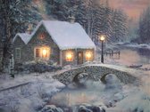 Schilderij met led verlichting - Canvas op houten frame - Huisje bij bruggetje - 40 x 30 cm - Kerst