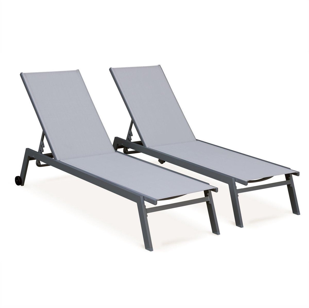 ELSA - Set van 2 ligstoelen van aluminium en textileen, ligbed multipositioneel met wieltjes, kleur grijs/lichtgrijs