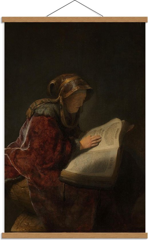 Schoolplaat – Oude meesters - Oude lezende vrouw, Rembrandt van Rijn, 1631 - 60x90cm Foto op Textielposter (Wanddecoratie op Schoolplaat)