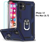 iPhone 12 Pro Max hoesje - Hardcase - Tough armor ring Donker Blauw + 2 stuks screenprotector